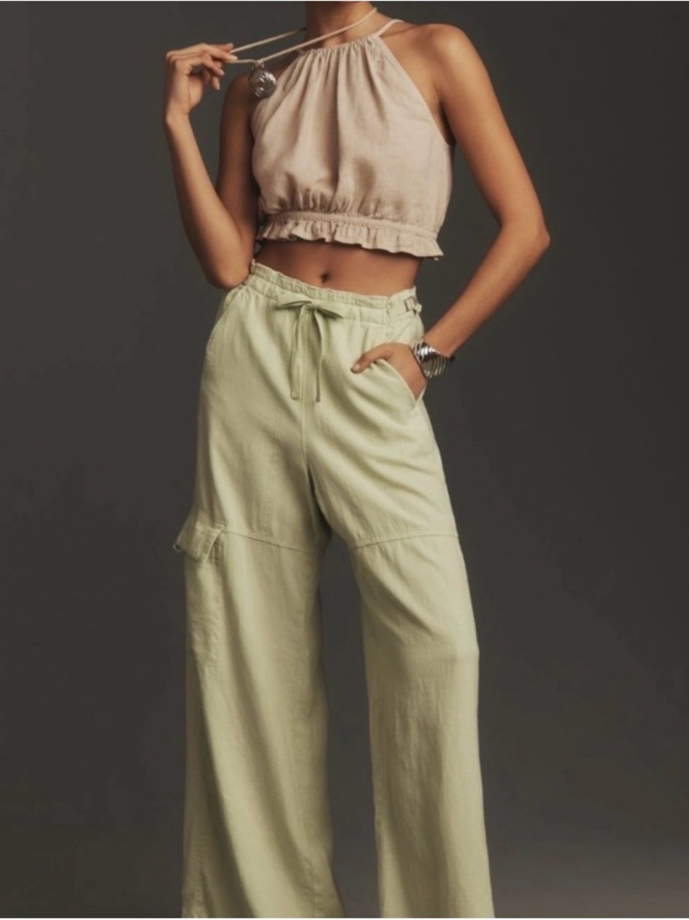 Anthropologie Pilcro Linen Light Sage Wide Leg Drawstring Pants - Medium Tall